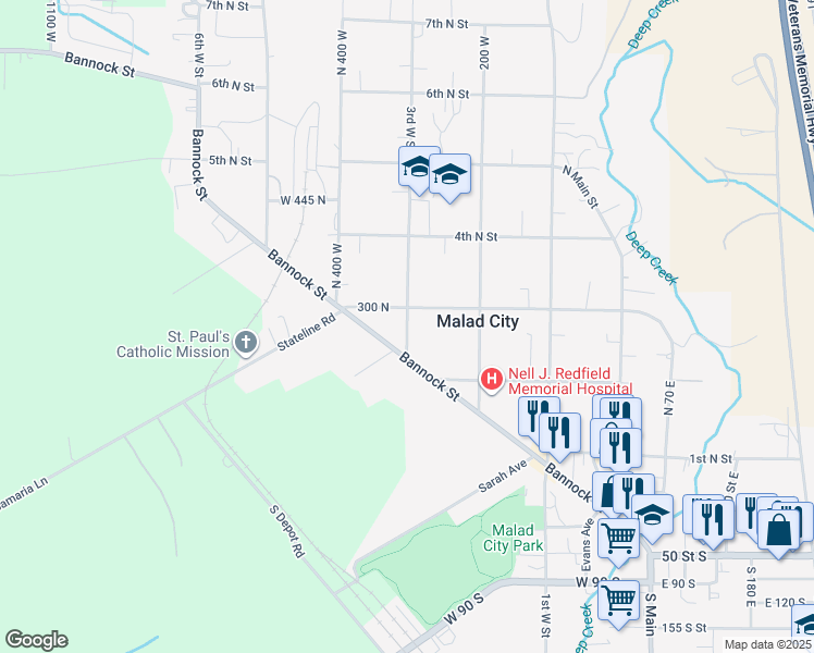 map of restaurants, bars, coffee shops, grocery stores, and more near 262 3rd West Street in Malad City