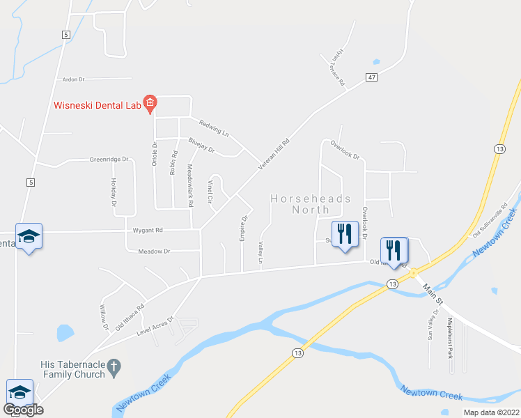 map of restaurants, bars, coffee shops, grocery stores, and more near 140 Empire Drive in Horseheads