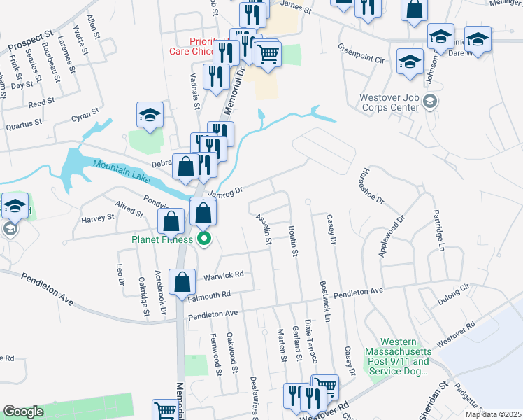 map of restaurants, bars, coffee shops, grocery stores, and more near 198 Asselin Street in Chicopee