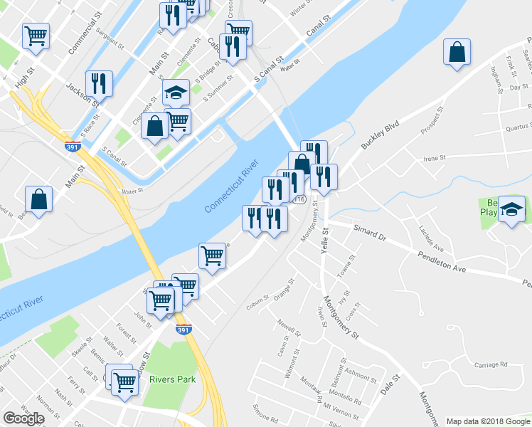 map of restaurants, bars, coffee shops, grocery stores, and more near 18 Riverview Place in Chicopee