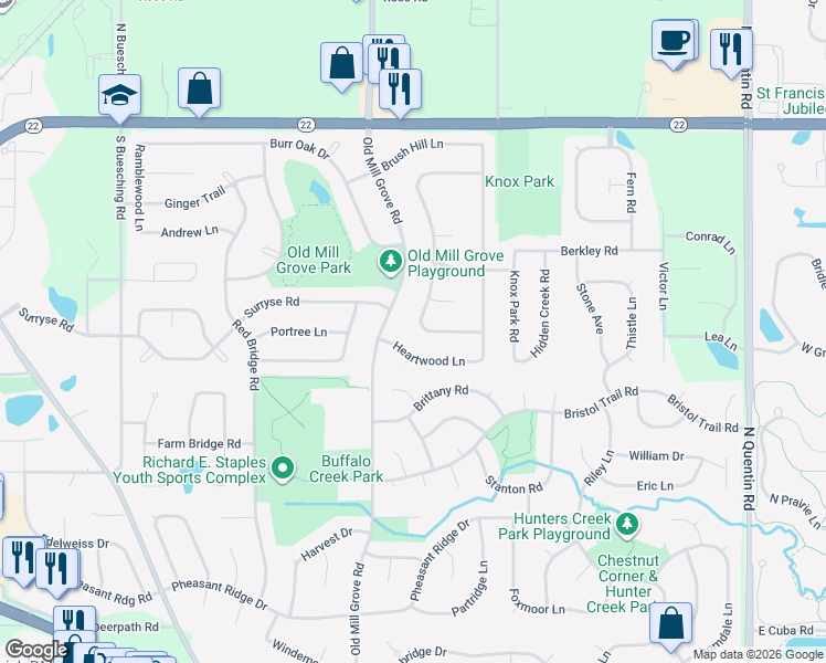 map of restaurants, bars, coffee shops, grocery stores, and more near 345 Pebblecreek Drive in Lake Zurich