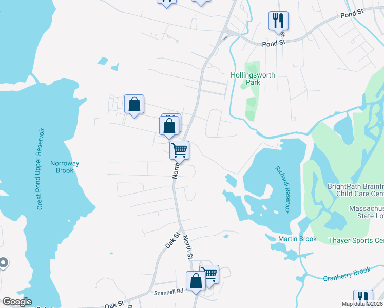 map of restaurants, bars, coffee shops, grocery stores, and more near 71 Barstow Drive in Braintree