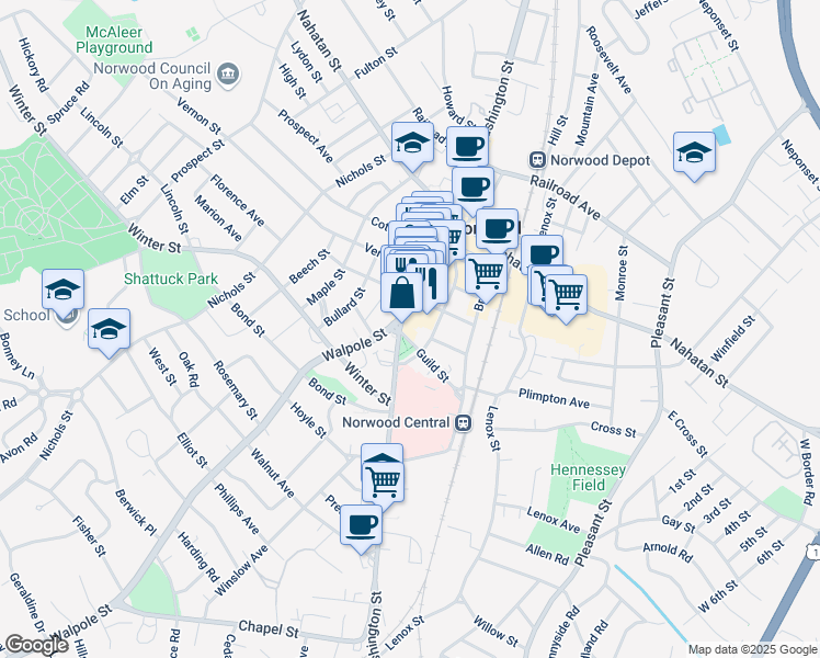 map of restaurants, bars, coffee shops, grocery stores, and more near 714 Washington Street in Norwood