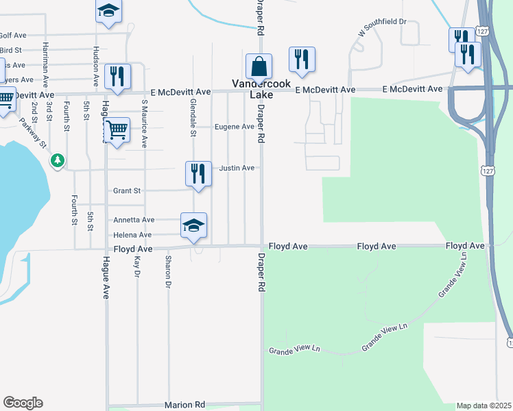 map of restaurants, bars, coffee shops, grocery stores, and more near 4718 Draper Road in Jackson