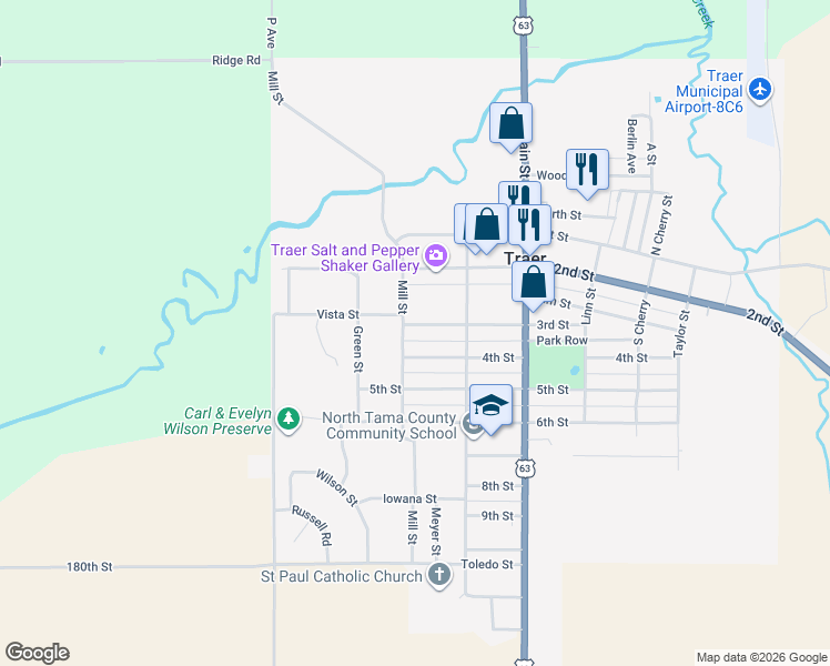map of restaurants, bars, coffee shops, grocery stores, and more near 400-498 3rd Street in Traer