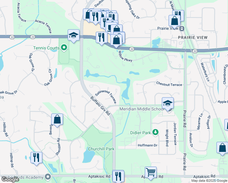 map of restaurants, bars, coffee shops, grocery stores, and more near 384 Satinwood Court West in Buffalo Grove