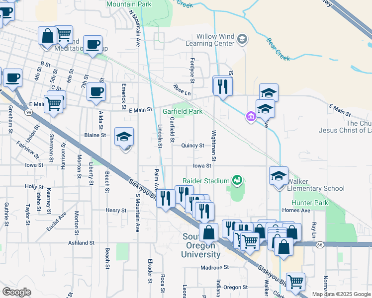 map of restaurants, bars, coffee shops, grocery stores, and more near 1269 Quincy Street in Ashland