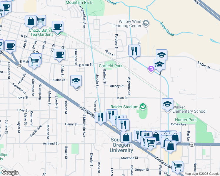 map of restaurants, bars, coffee shops, grocery stores, and more near 1269 Quincy Street in Ashland