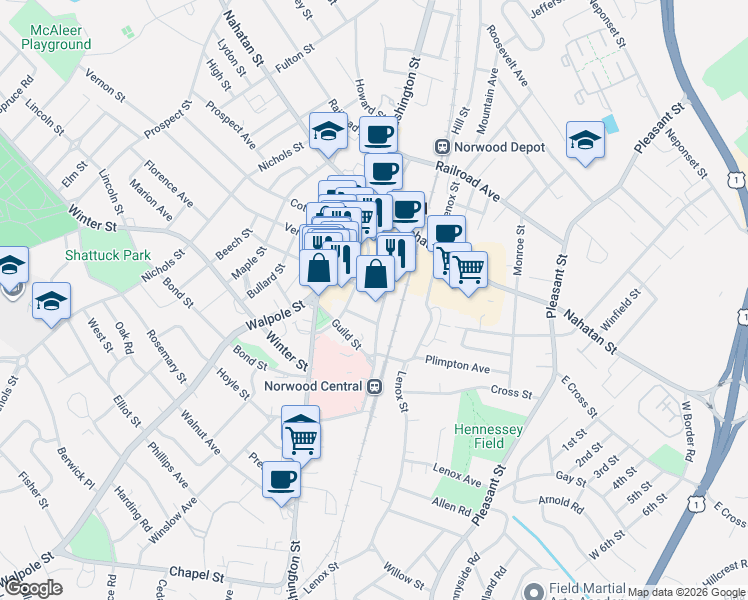 map of restaurants, bars, coffee shops, grocery stores, and more near 19 Day Street in Norwood