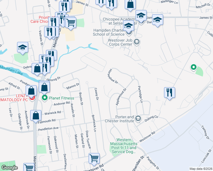 map of restaurants, bars, coffee shops, grocery stores, and more near 64 Robin Ridge Road in Chicopee