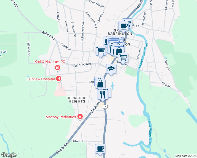 map of restaurants, bars, coffee shops, grocery stores, and more near 1-15 Bryant Court in Great Barrington