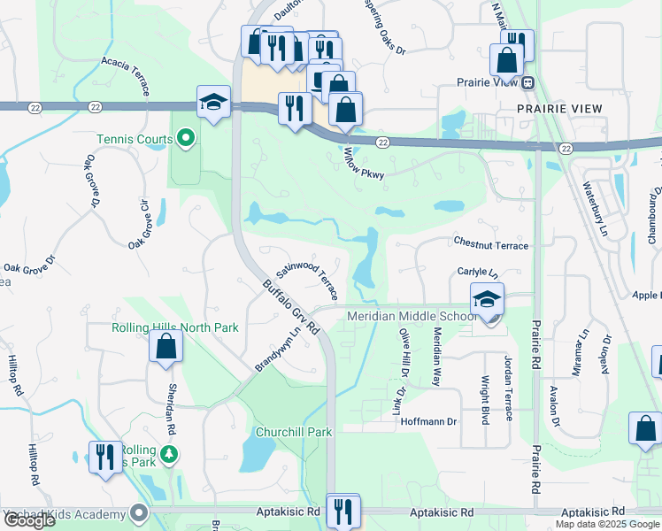 map of restaurants, bars, coffee shops, grocery stores, and more near 384 Satinwood Court West in Buffalo Grove