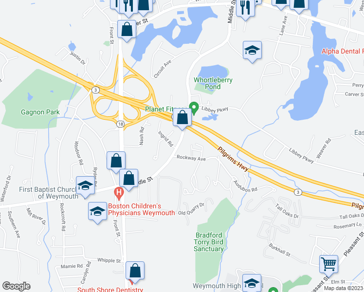 map of restaurants, bars, coffee shops, grocery stores, and more near 996 Middle Street in Weymouth