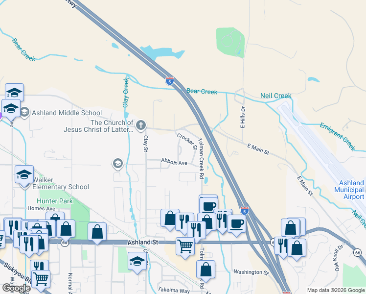 map of restaurants, bars, coffee shops, grocery stores, and more near 45 Crocker Street in Ashland