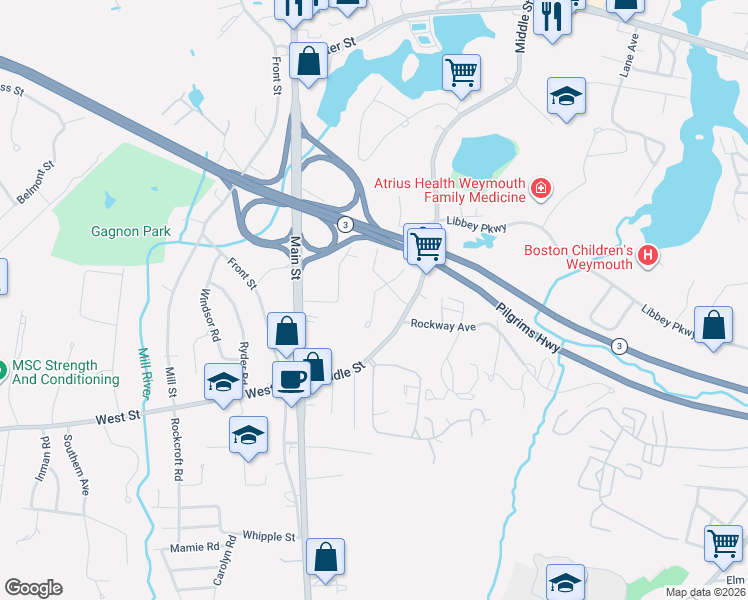 map of restaurants, bars, coffee shops, grocery stores, and more near 21 Sandra Lane in Weymouth