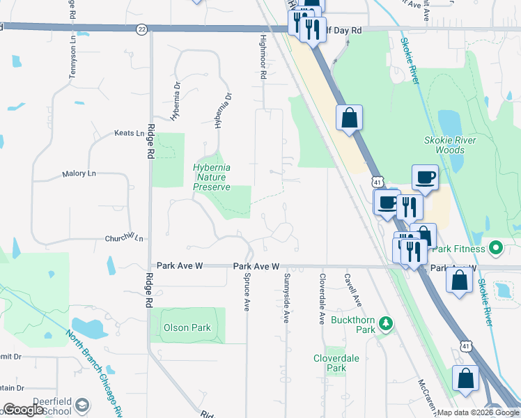map of restaurants, bars, coffee shops, grocery stores, and more near 1695 Snapdragon Court in Highland Park