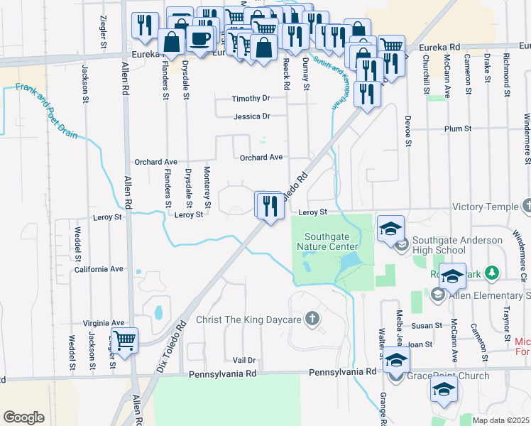 map of restaurants, bars, coffee shops, grocery stores, and more near 16046 Holz Drive in Southgate