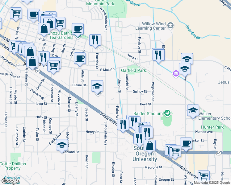 map of restaurants, bars, coffee shops, grocery stores, and more near 132 South Mountain Avenue in Ashland