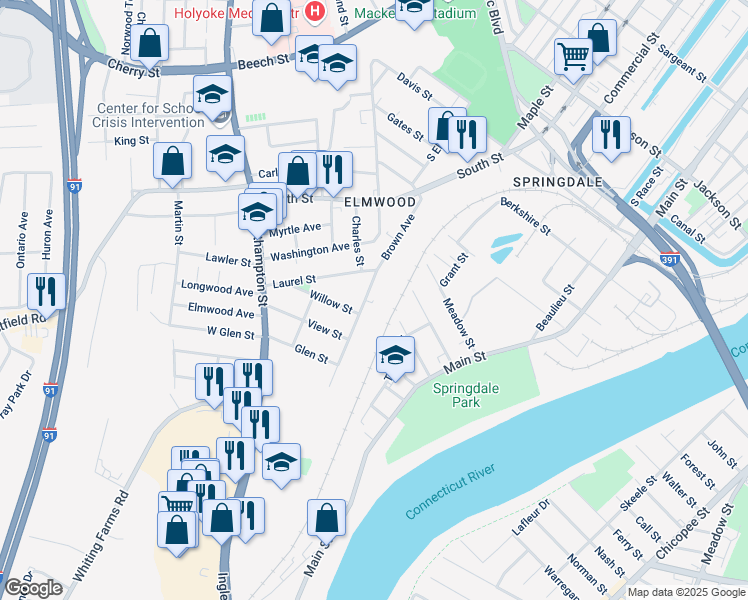 map of restaurants, bars, coffee shops, grocery stores, and more near in Holyoke