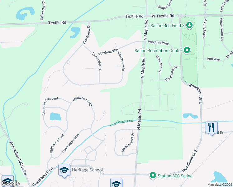 map of restaurants, bars, coffee shops, grocery stores, and more near 6550 North Maple Road in Saline
