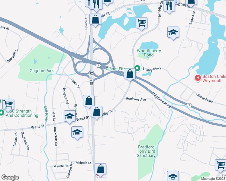 map of restaurants, bars, coffee shops, grocery stores, and more near 11 Sandra Lane in Weymouth