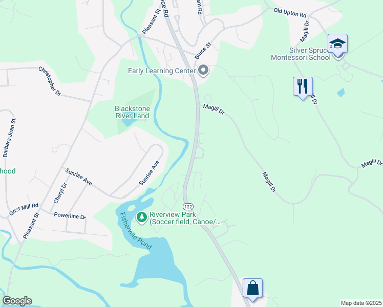 map of restaurants, bars, coffee shops, grocery stores, and more near 154 Providence Road in Grafton