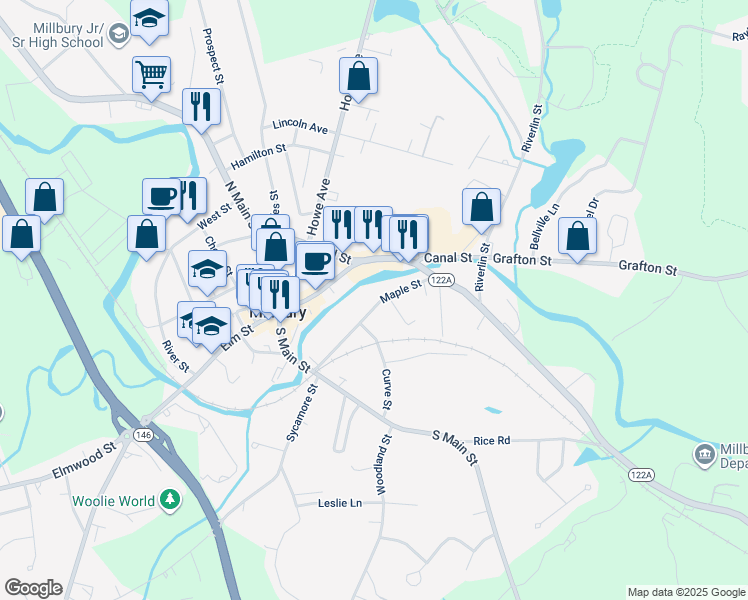map of restaurants, bars, coffee shops, grocery stores, and more near 35 Maple Street in Millbury