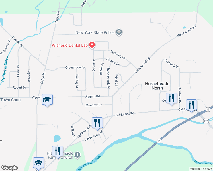 map of restaurants, bars, coffee shops, grocery stores, and more near 205 Meadowlark Road in Horseheads