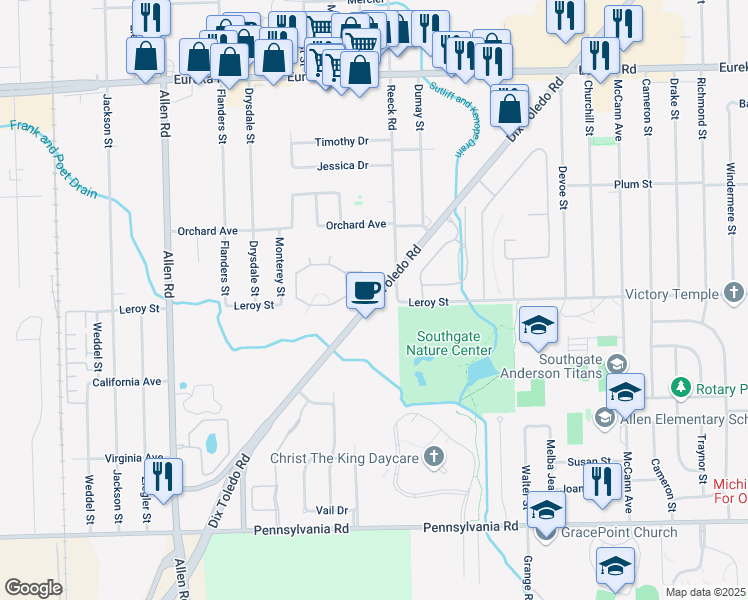 map of restaurants, bars, coffee shops, grocery stores, and more near 16020 Dix Toledo Road in Southgate