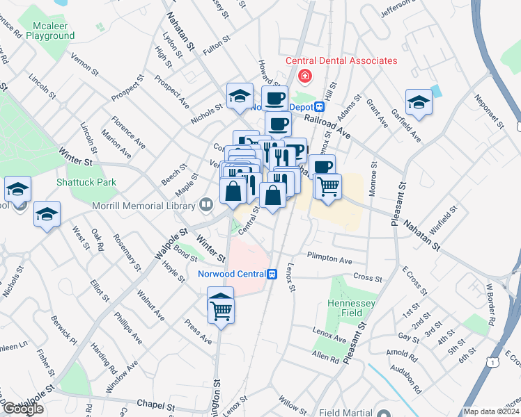 map of restaurants, bars, coffee shops, grocery stores, and more near 19 Day Street in Norwood