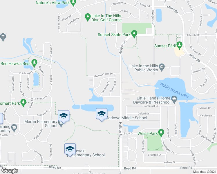 map of restaurants, bars, coffee shops, grocery stores, and more near 2233 Daybreak Drive in Lake in the Hills