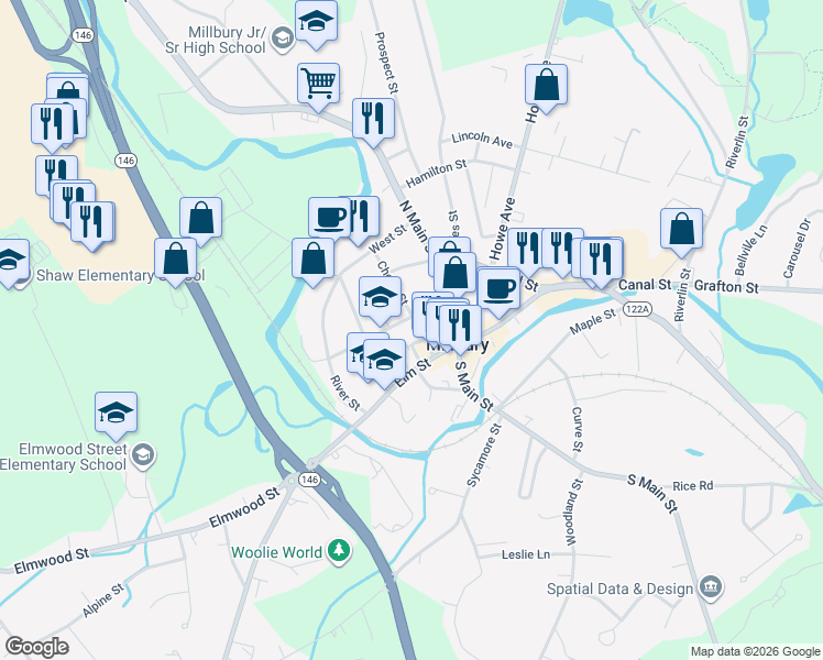 map of restaurants, bars, coffee shops, grocery stores, and more near 14 Grove Street in Millbury