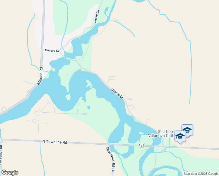 map of restaurants, bars, coffee shops, grocery stores, and more near Canard Drive in Windsor
