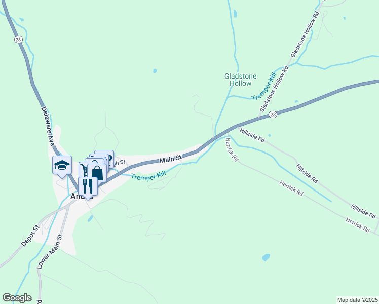 map of restaurants, bars, coffee shops, grocery stores, and more near 525 Main Street in Andes