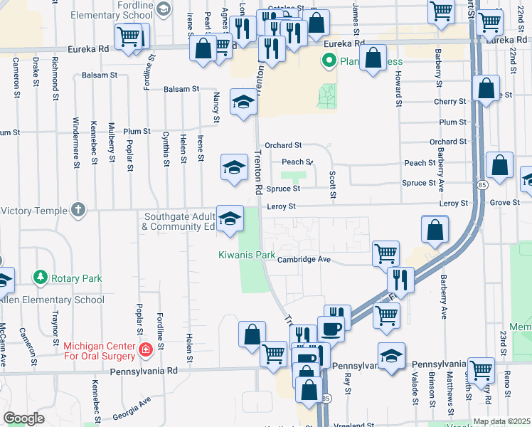 map of restaurants, bars, coffee shops, grocery stores, and more near 13819 Leroy Street in Southgate