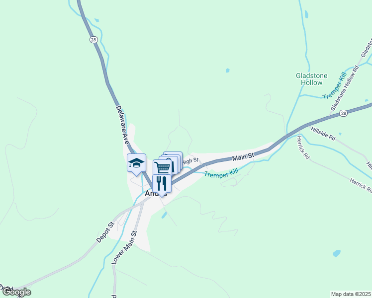 map of restaurants, bars, coffee shops, grocery stores, and more near 525 Main Street in Andes