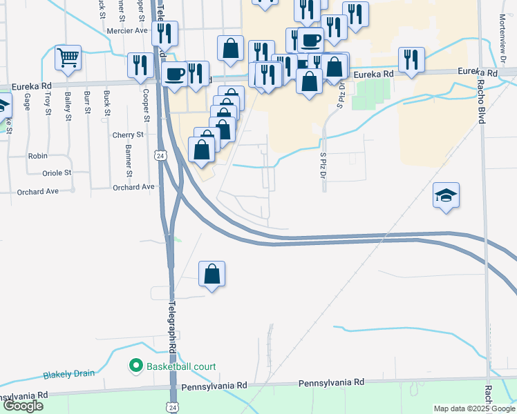 map of restaurants, bars, coffee shops, grocery stores, and more near 15644 Dupage Boulevard in Taylor