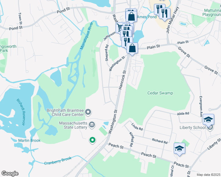 map of restaurants, bars, coffee shops, grocery stores, and more near 39 Highland Avenue in Braintree