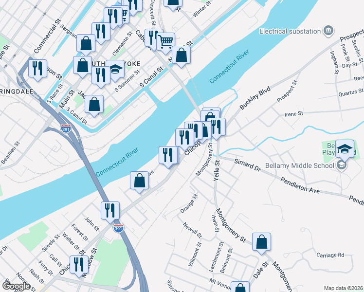map of restaurants, bars, coffee shops, grocery stores, and more near 18 Tourtelotte Avenue in Chicopee