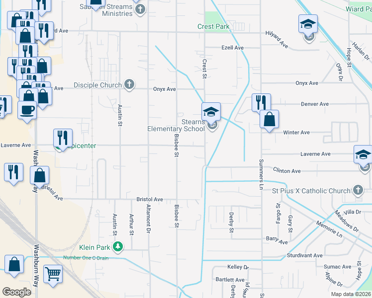 map of restaurants, bars, coffee shops, grocery stores, and more near 3626 Laverne Avenue in Klamath Falls
