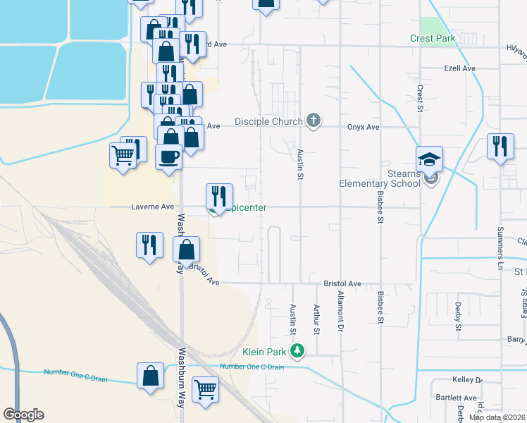 map of restaurants, bars, coffee shops, grocery stores, and more near 3004 Laverne Avenue in Klamath Falls