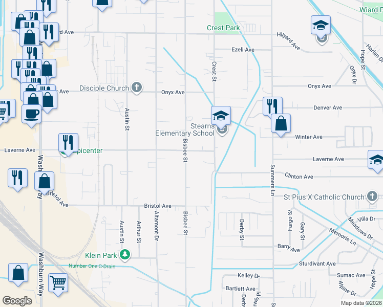 map of restaurants, bars, coffee shops, grocery stores, and more near 3626 Laverne Avenue in Klamath Falls
