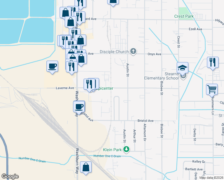 map of restaurants, bars, coffee shops, grocery stores, and more near 3004 Laverne Avenue in Klamath Falls
