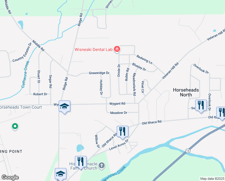 map of restaurants, bars, coffee shops, grocery stores, and more near 184 Greenridge Drive in Horseheads