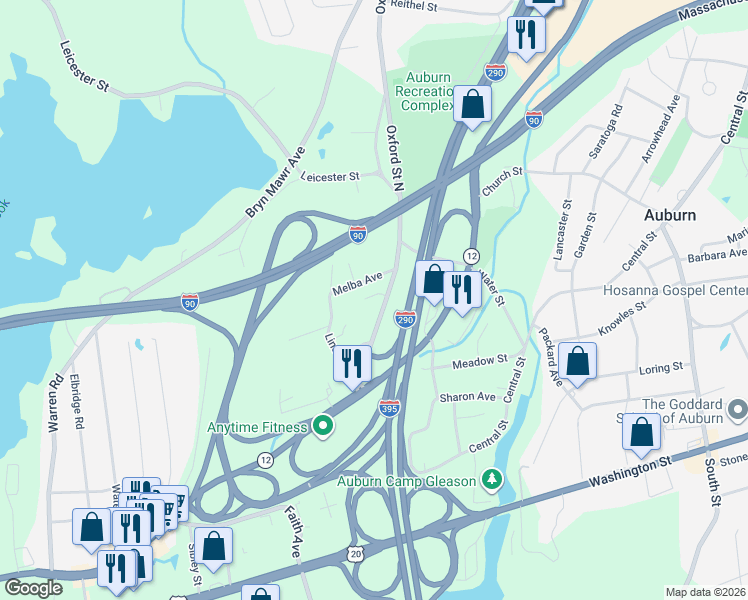 map of restaurants, bars, coffee shops, grocery stores, and more near 468 Oxford Street North in Auburn