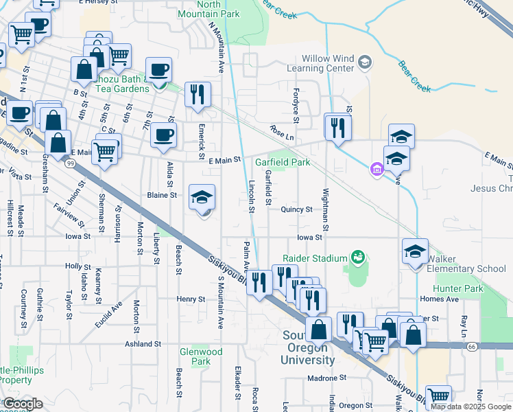 map of restaurants, bars, coffee shops, grocery stores, and more near 150 Lincoln St in Ashland