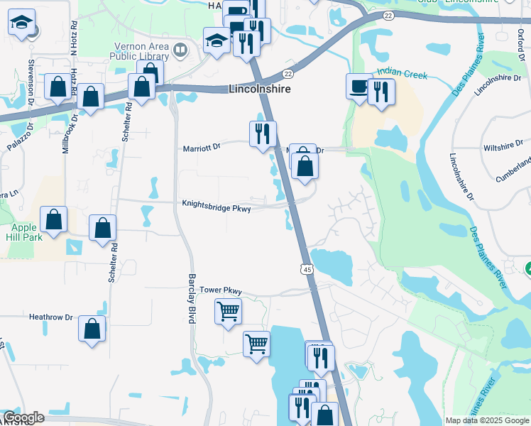 map of restaurants, bars, coffee shops, grocery stores, and more near 300 Knightsbridge Parkway in Lincolnshire