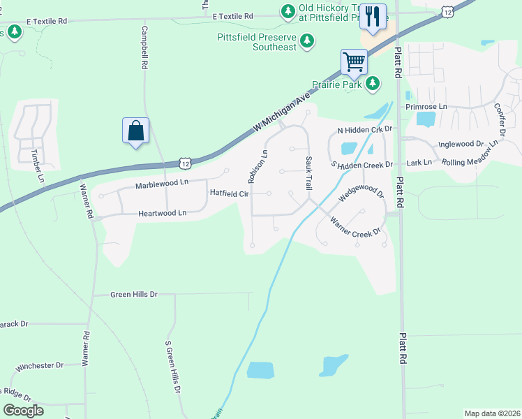 map of restaurants, bars, coffee shops, grocery stores, and more near 6684 Sauk Trail in Saline
