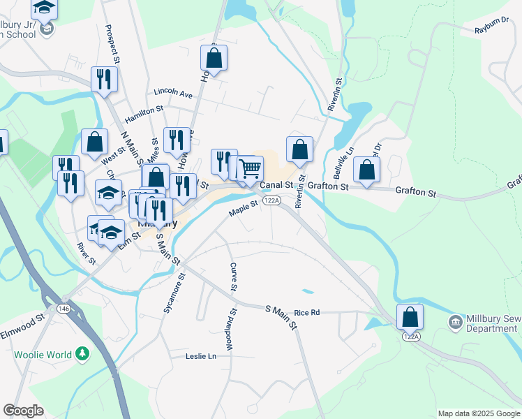 map of restaurants, bars, coffee shops, grocery stores, and more near 54 Maple Street in Millbury