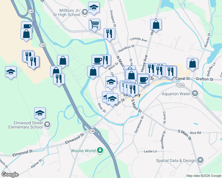 map of restaurants, bars, coffee shops, grocery stores, and more near 14 Grove Street in Millbury